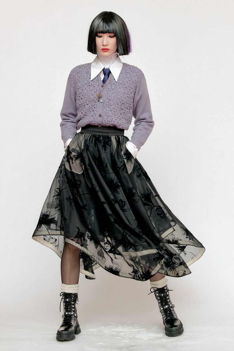Black Sheer Floral Burnout Flared Skirt