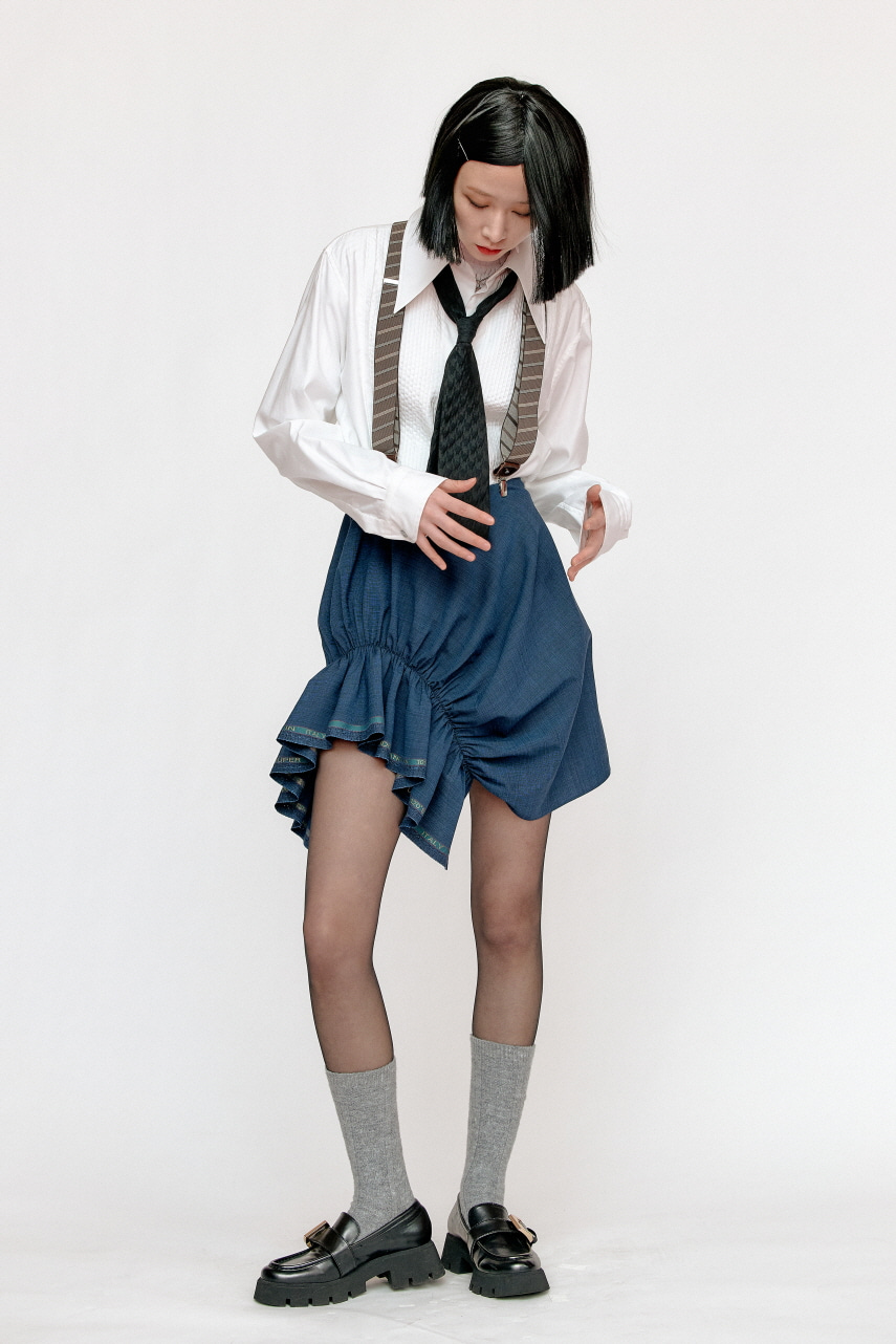 Blue Selvedge Asymmetrical Ruffle Mini Skirt