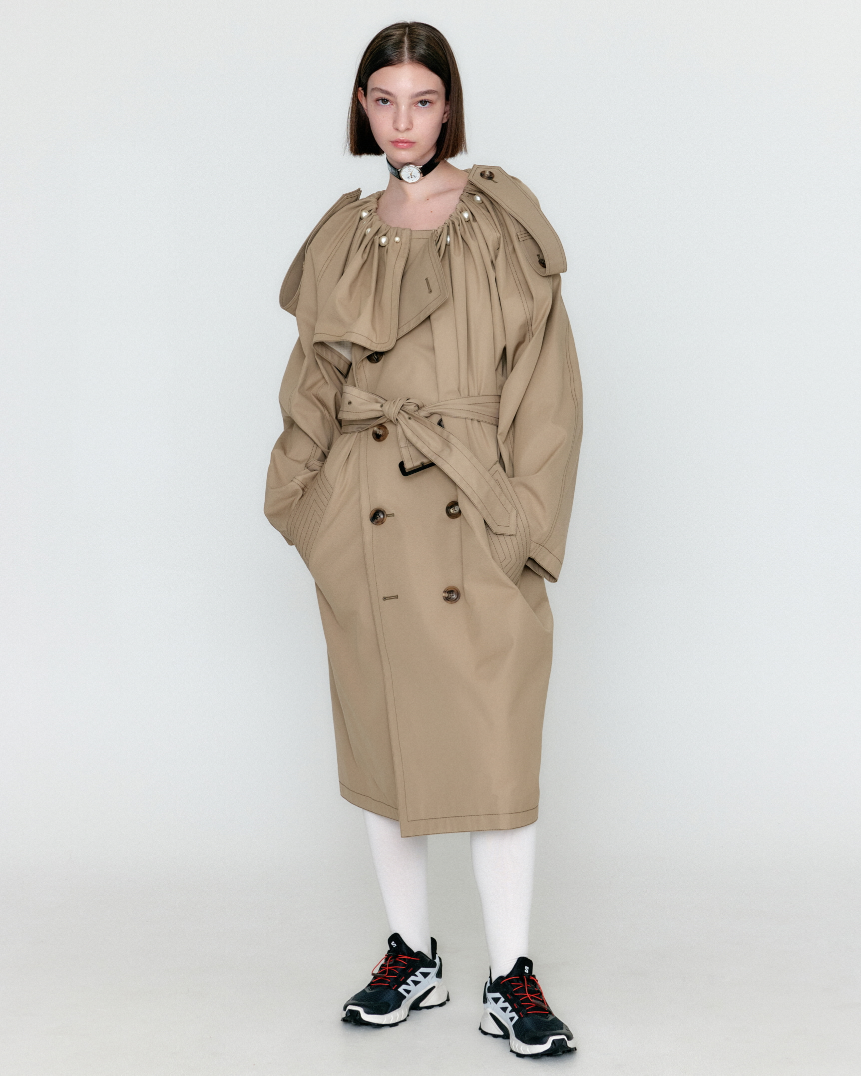 Beige Shirred Pearl Neck Oversized Trench Coat